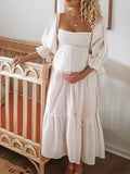 Muttermode Weißes schulterfreies Rüschenkleid mit gerafftem Puffärmel  und Schleife im Boho-Stil für Schwangerschaftsfotoshootings