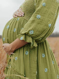 Muttermode Umstandskleid Olivgrün Blumen Sonnenblume Swing-Kleid Quadratischer Hals Elegant Midikleid