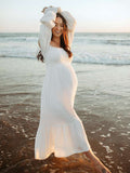 Muttermode Weißes Rüschen Raffungshochtaillen Puffärmel Boho Kleid Fotoshooting Umstandsmode Maxikleid