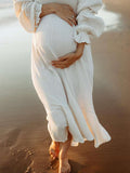 Muttermode Weißes Rüschen Raffungshochtaillen Puffärmel Boho Kleid Fotoshooting Umstandsmode Maxikleid