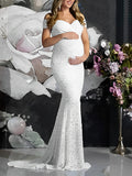 Muttermode Umstandskleid Weiß Spitze Elegantes Umstandsbrautkleid Lang Hochzeit Fotoshooting Abendkleid