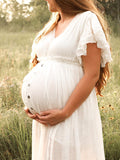 Muttermode Babybauch Kleider Fotoshooting Weiß Volantkleid Boho Kleid Schwangerschaft