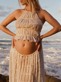 Muttermode Kleid Für Schwangere Fotoshooting Beige Sommer Strand Boho Umstands Maxikleid