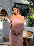 Muttermode Schwangerschafts Abendkleid Rosa Schulterfrei Rüschen Kleider Elegantes Festliches Umstandskleid