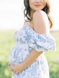 Muttermode Umstandskleider Blumenkleider Blau Boho Patchwork Rüschen Bandeau Schwangerschaft Fotoshooting Maxikleider