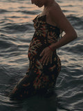 Muttermode Umstandskleider Fotoshootingkleider Boho Strand Blumen Batik Rückenschnürung Rückenfrei Schwangerschaft Maxikleider