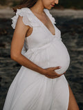 Muttermode Umstandskleider Fotoshootingkleider Boho Strand Seitenschlitz Rüschen Rückenfrei Rückenschnürung Schwangerschaft Maxikleider