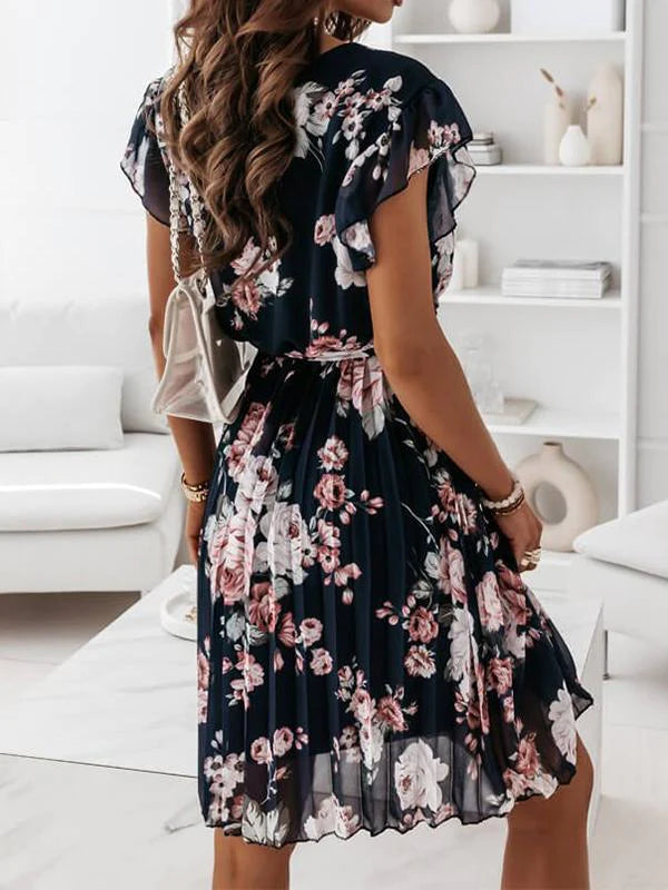 Muttermode Umstandskleider Blumenkleid Plisseekleid Gürtel Rüschen Elegant Minikleider