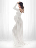 Muttermode Umstandskleid Fotoshootingkleid Babybauch Langarm Off Shoulder Maxikleid Schwangerschaftskleider