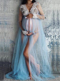 Muttermode Umstandskleid für Fotoshooting Hellblaue Schlitz Transparente Maxikleid