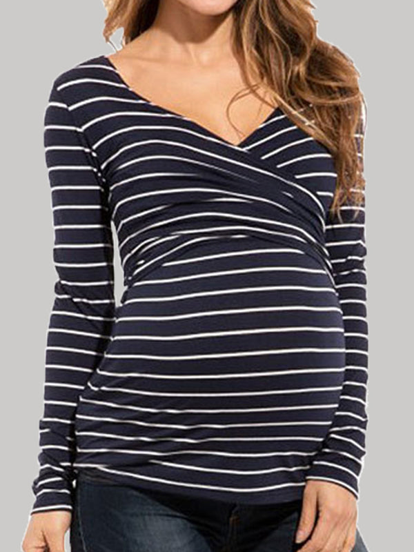 Muttermode StillShirt Gestreift V-Ausschnitt Langarm Schwangere Mutterschaft Oberteile