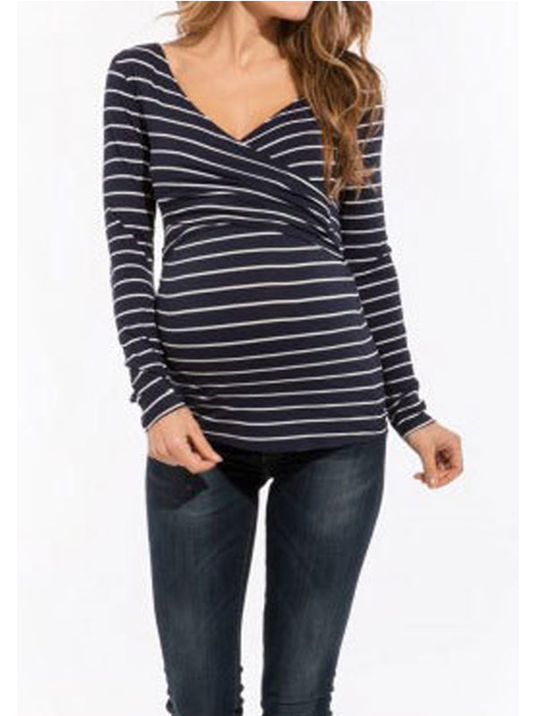 Muttermode StillShirt Gestreift V-Ausschnitt Langarm Schwangere Mutterschaft Oberteile