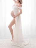 Muttermode Weiß Schlitz Off Shoulder Mutterschaft Schleppe Maxikleid Umstandskleid für Fotoshooting