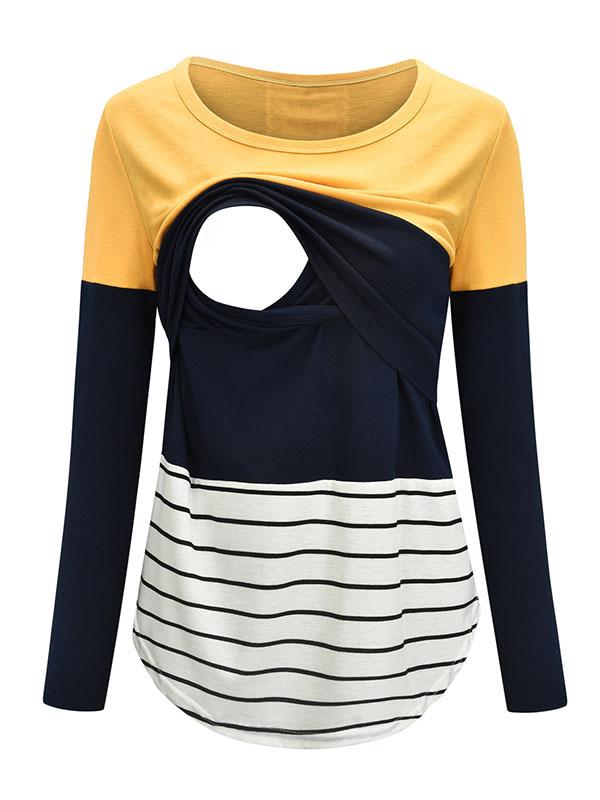 Muttermode Stillshirt Gestreift Kariert Leopardenmuster Spitze Patchwork Rundhals Stillmode