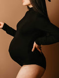 Muttermode Body Damen Höhe Dehnbar Umstandsshirt Mock Neck Langarm Bodysuit für Schwangere Fotoshooting