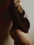 Muttermode Body Damen Höhe Dehnbar Umstandsshirt Mock Neck Langarm Bodysuit für Schwangere Fotoshooting