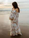 Muttermode Umstandskleider Weiß Blümchen Kleid Schulterfrei Condole Boho Fotoshooting Kleid