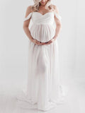 Muttermode Weiß Schlitz Off Shoulder Mutterschaft Schleppe Maxikleid Umstandskleid für Fotoshooting