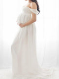 Muttermode Weiß Schlitz Off Shoulder Mutterschaft Schleppe Maxikleid Umstandskleid für Fotoshooting