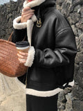 Muttermode Umstandsmode Lederjacke Gefütterte Umlegekragen Bikerjacke Damen Wintermantel