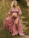 Muttermode Umstandskleider Boho Kleid Bequeme Zweiteiliger Vintage Kurzarm Kleid für Schwangerschaft Fotoshooting