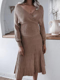 Muttermode Umstandskleider Strickkleid Plissee Schulterfrei Strickpullover Zweiteiliger