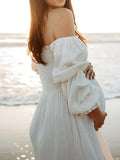 Muttermode Weißes Rüschen Raffungshochtaillen Puffärmel Boho Kleid Fotoshooting Umstandsmode Maxikleid