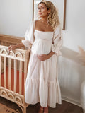 Muttermode Weißes schulterfreies Rüschenkleid mit gerafftem Puffärmel  und Schleife im Boho-Stil für Schwangerschaftsfotoshootings