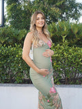Muttermode Umstandskleid Grün Geblümtes Kleid Sommer Romantische Kleider vintage Fotoshooting Kleid Babybauch