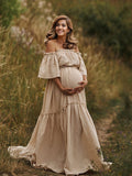 Muttermode Umstandskleider Boho Kleid Bequeme Zweiteiliger Vintage Kurzarm Kleid für Schwangerschaft Fotoshooting