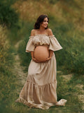 Muttermode Umstandskleider Boho Kleid Bequeme Zweiteiliger Vintage Kurzarm Kleid für Schwangerschaft Fotoshooting