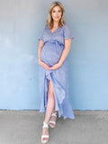 Muttermode Umstandskleider Blau Blumen Gürtel Rüschen Schlitz V-Ausschnitt Beiläufige Midikleid