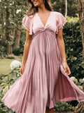 Muttermode Umstandskleider Rosa Plissiertes Maxikleid Volant Ärmel Umstandsmode Sommer Festlich