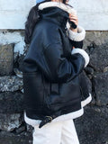 Muttermode Umstandsmode Lederjacke Gefütterte Umlegekragen Bikerjacke Damen Wintermantel