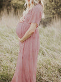 Muttermode Umstandskleider Rosa Gestickt Spitze Romantisch Boho Kleid Fotoshooting Maxi Kleider