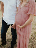 Muttermode Umstandskleider Rosa Gestickt Spitze Romantisch Boho Kleid Fotoshooting Maxi Kleider