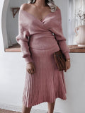 Muttermode Umstandskleider Strickkleid Plissee Schulterfrei Strickpullover Zweiteiliger
