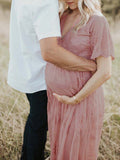 Muttermode Umstandskleider Rosa Gestickt Spitze Romantisch Boho Kleid Fotoshooting Maxi Kleider