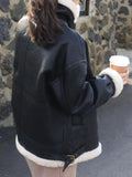 Muttermode Umstandsmode Lederjacke Gefütterte Umlegekragen Bikerjacke Damen Wintermantel