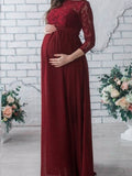 Muttermode Abendkleid Umstandskleid für Fotoshooting Weinrot Spitze Rundhals Elegant Maxikleid