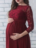 Muttermode Abendkleid Umstandskleid für Fotoshooting Weinrot Spitze Rundhals Elegant Maxikleid