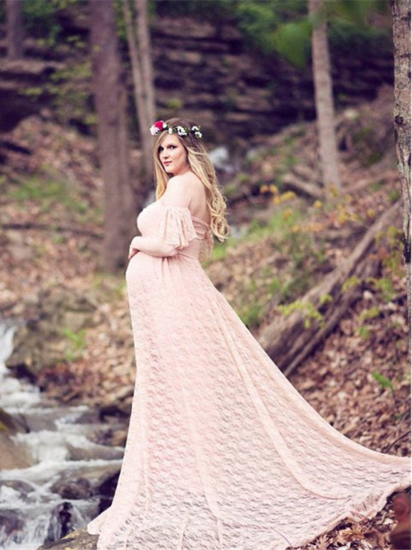 Muttermode Umstandskleid für Fotoshooting Rosa Spitze Schleppe Schwangere Abendkleid