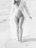 Muttermode Umstandskleid für Fotoshooting Weiß Häkelspitze Transparente Schlitz V-Ausschnitt Maxikleid