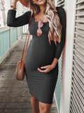 Muttermode UmstandskleidRundhals Langarm Bodycon Enges Schwangere Midikleid
