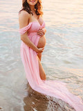 Muttermode Umstandskleider Baby Shower Spitze Schlitz Schleppe Transparente Schwangere Fotoshooting Maxi Kleider