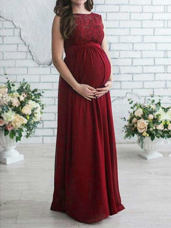 Muttermode Umstandskleid Spitze Ärmellos Maxikleid Für Schwangere Festlich Abendkleid