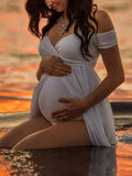 Muttermode Mesh Boot-Ausschnitt Schlitz Umstandskleid Für Schwangere Fotoshooting Maxi Kleider