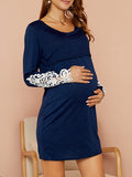 Muttermode Stillkleider Patchwork Spitze Rundhals Langarm Minikleider Umstandskleid Stillkleid