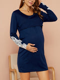 Muttermode Stillkleider Patchwork Spitze Rundhals Langarm Minikleider Umstandskleid Stillkleid