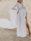Muttermode Umstandskleid Fotoshooting Spitze Seitenschlitz Schleppe Braut Abendkleid Schwangere Maxi Kleider
